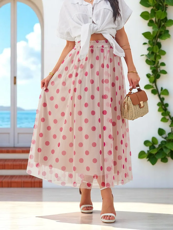 Royalfashion Ženska viskoza midi krilo s točkami iz til