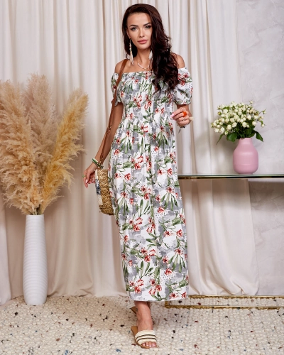 Royalfashion Biała sukienka damska midi w kwiaty