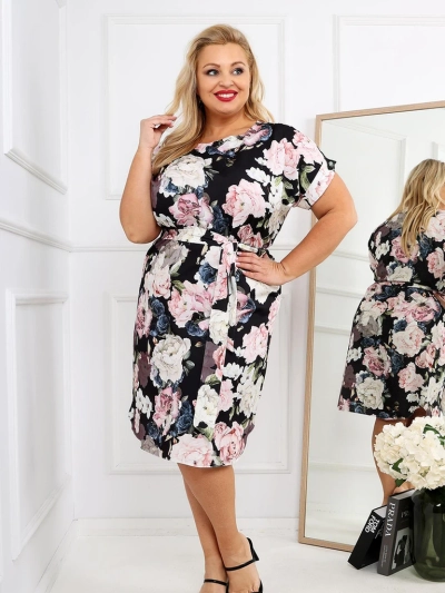 Royalfashion Ženska obleka do kolen s kratkimi rokavi in rožnato zanko