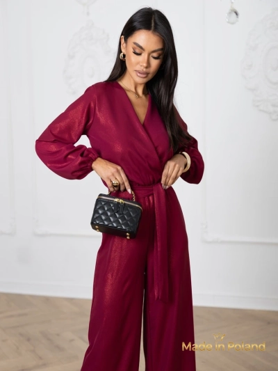 Ženski kombinezon 'Valentina' bordo z dolgimi rokavi in širokimi hlačnicami