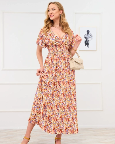 Royalfashion Jasnobrązowa damska sukienka maxi w kwiaty