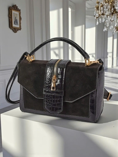 Ženska torbica Cassia Nero klasična črna eko usnje semiš elegantna