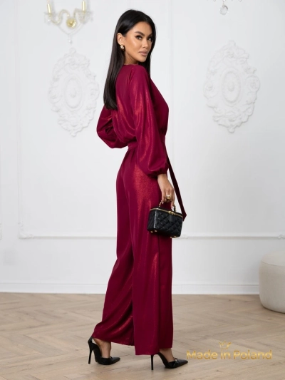 Ženski kombinezon 'Valentina' bordo z dolgimi rokavi in širokimi hlačnicami