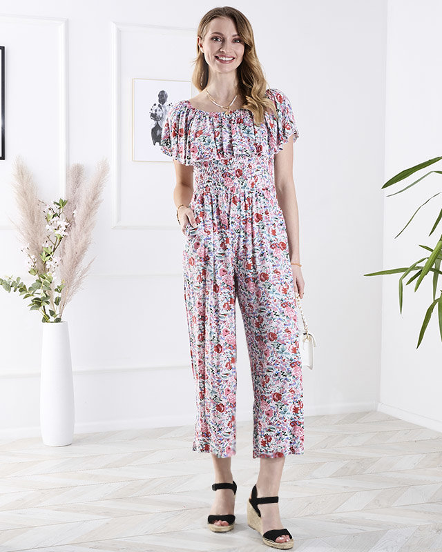 Royalfashion Biało- różowy długi kombinezon damski w kwiaty
