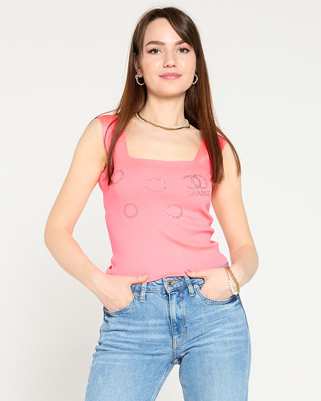 Royalfashion Damski neonowy różowy top ze złotymi cyrkoniami