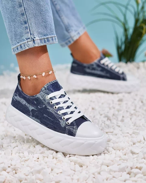 Royalfashion Granatowe damskie jeansowe trampki z przetarciami Nerolera