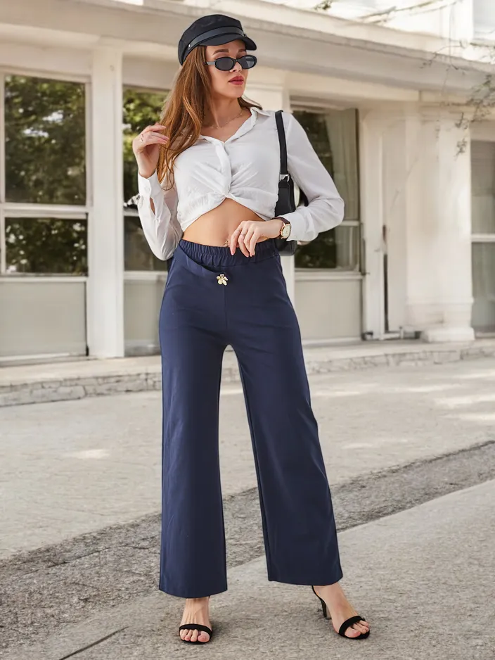 Royalfashion bomba široke ženske hlače iz bombaža z okrasjem, podobnim pasu