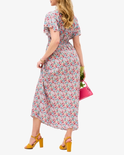 Royalfashion Kwiecista beżowa damska sukienka midi z kopertowym dekoltem