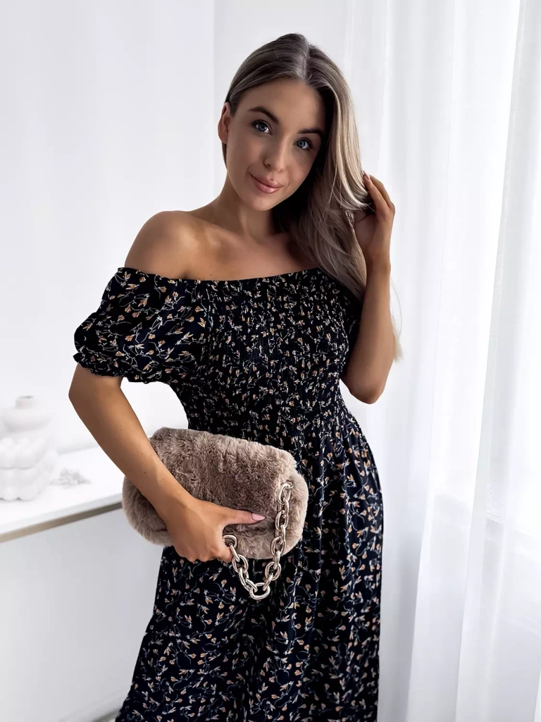 Royalfashion Kwiecista czarna damska sukienka midi