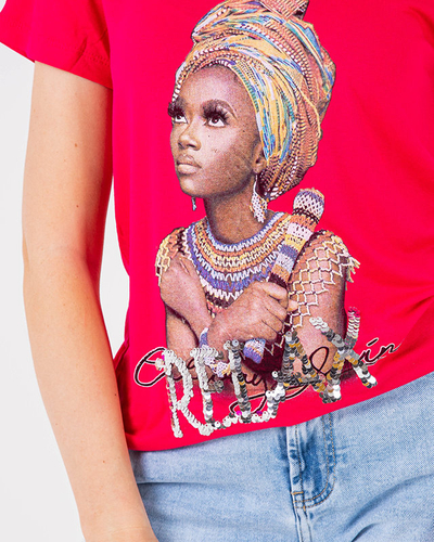 Royalfashion Fuksjowy damski t-shirt z kolorowym printem i cekinami