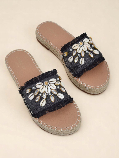 Ženski sandali Royalfashion Helena Decor črni espadrile s školjkami