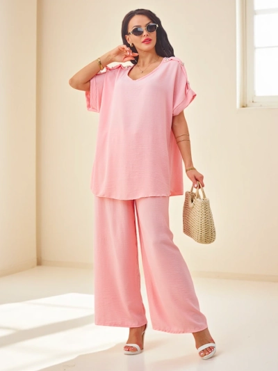 Royalfashion Ženski bombažni komplet s kratkimi rokavi in širokimi hlačami