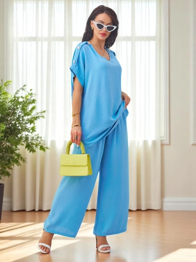 Royalfashion Ženski bombažni komplet s kratkimi rokavi in širokimi hlačami