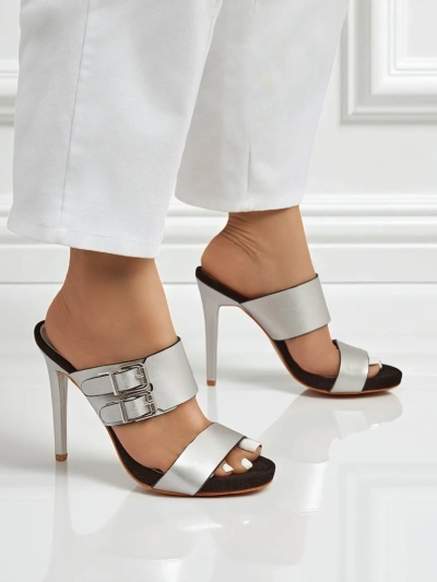 Sandali Aletheia srebrni s stiletto peto 12 cm ekološko usnje z oprijemalnimi trakovi
