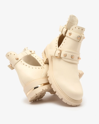 Royalfashion Krem ženski okrašeni škornji Jewel Walk z ravnimi petami