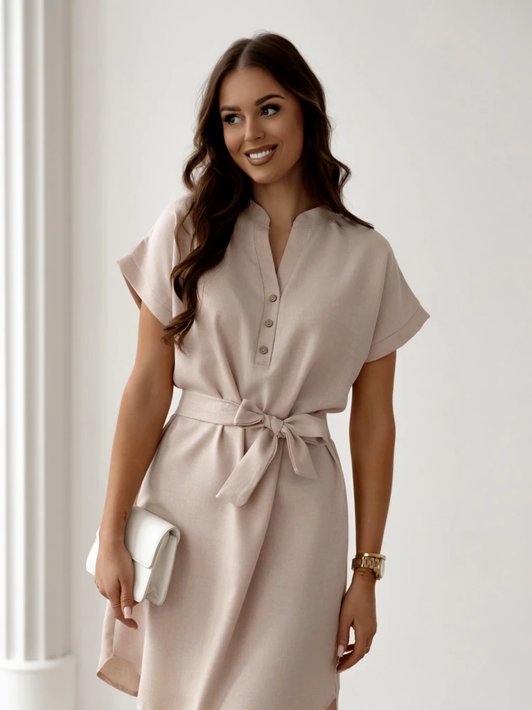 Royalfashion ženska mini obleka s kratkimi rokavi in izrezom, zapenjenim z gumbi