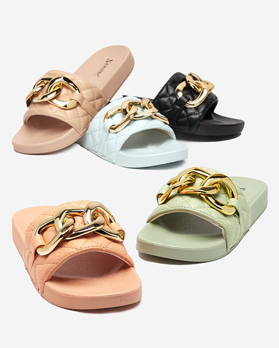 OUTLET Niebieskie damskie pikowane klapki ze złotym łańcuszkiem Eteris - Obuwie