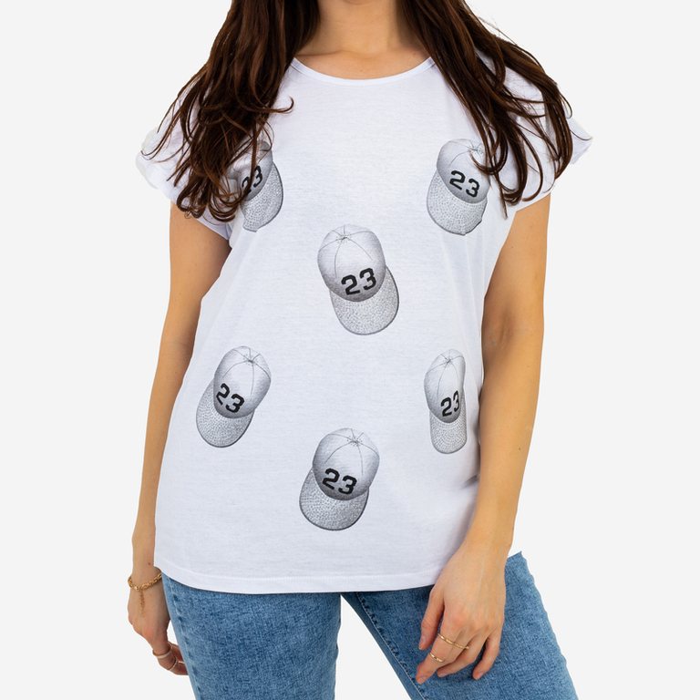 Royalfashion Biały damski t-shirt z brokatem i printem PLUS SIZE