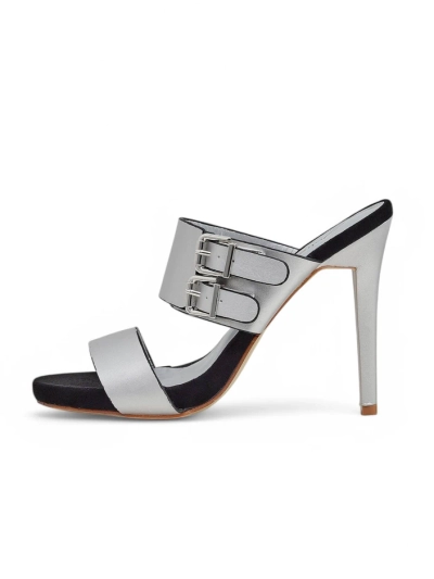 Sandali Aletheia srebrni s stiletto peto 12 cm ekološko usnje z oprijemalnimi trakovi