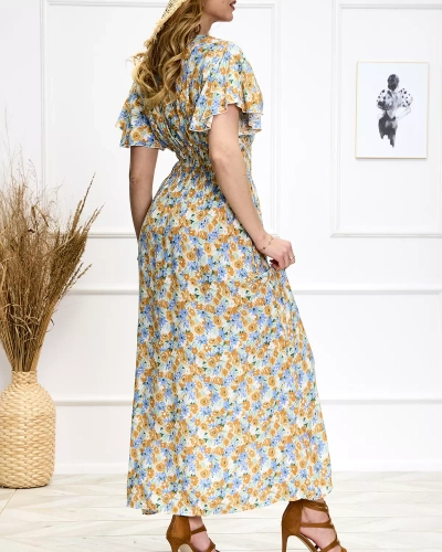 Royalfashion Niebiesko-żółta damska kwiecista sukienka midi