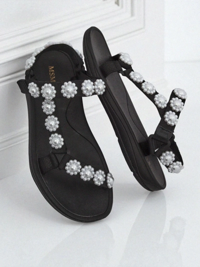 Ženski sandali Royalfashion Perseida črni na platformi z biseri