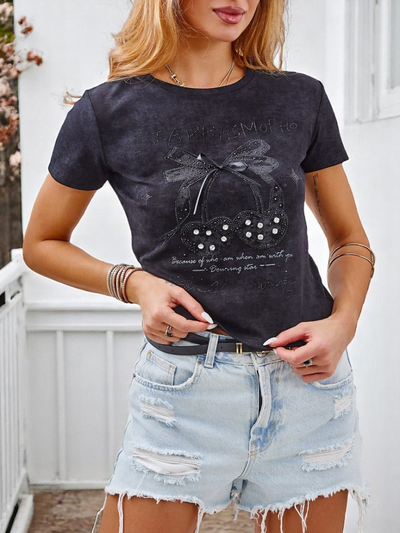 Royalfashion Ženska bombažna majica z okrasnimi kamenčki in pentljo