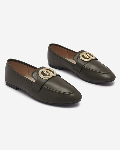 Royalfashion Ciemnozielone mokasyny damskie ze złotą ozdobą Uletta