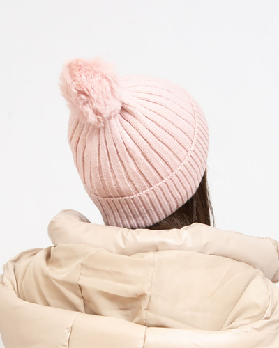 Szara damska ocieplana błyszcząca czapka z pomponem - Akcesoria