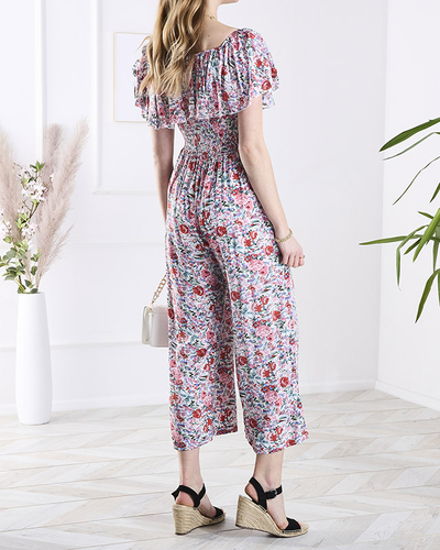 Royalfashion Biało- różowy długi kombinezon damski w kwiaty