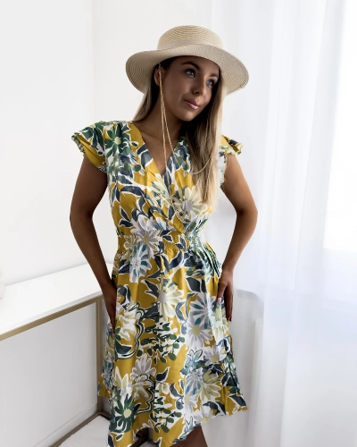 Royalfashion Musztardowa sukienka damska mini z printem w kwiaty