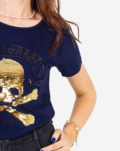 Royalfashion Granatowy damski t-shirt z cekinami i napisami
