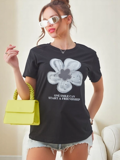 Royalfashion Ženska bombažna majica s cvetom