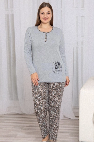 Royalfashion Sive ženske 2-delne pajamas z motivom leoparda VELIKOST PLUS