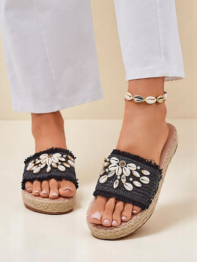 Ženski sandali Royalfashion Helena Decor črni espadrile s školjkami