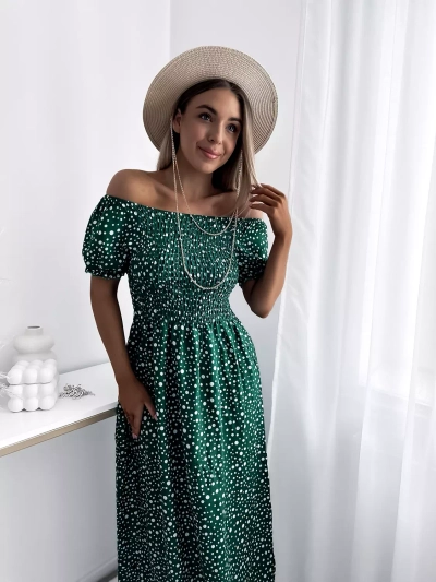 Royalfashion Zielona sukienka damska maxi w groszki