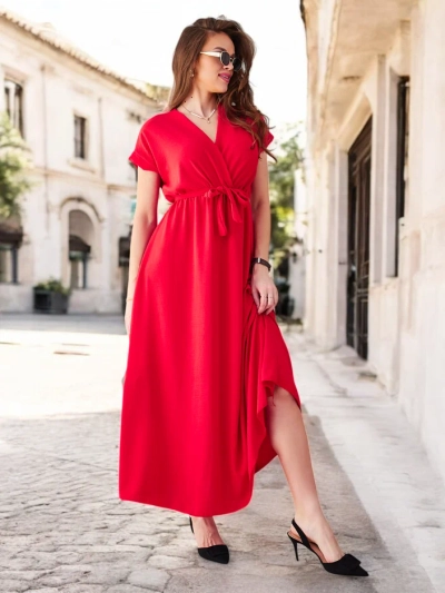 Royalfashion Ženska midi obleka z ovitim dekoltejem, kratkimi rokavi in pasom