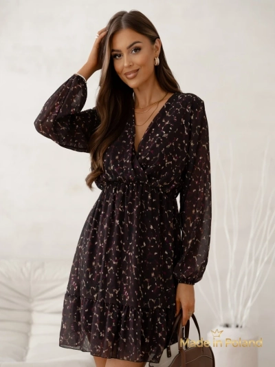 Royalfashion Ženska mini obleka z vzorcem, volančki in preklopnim izrezom