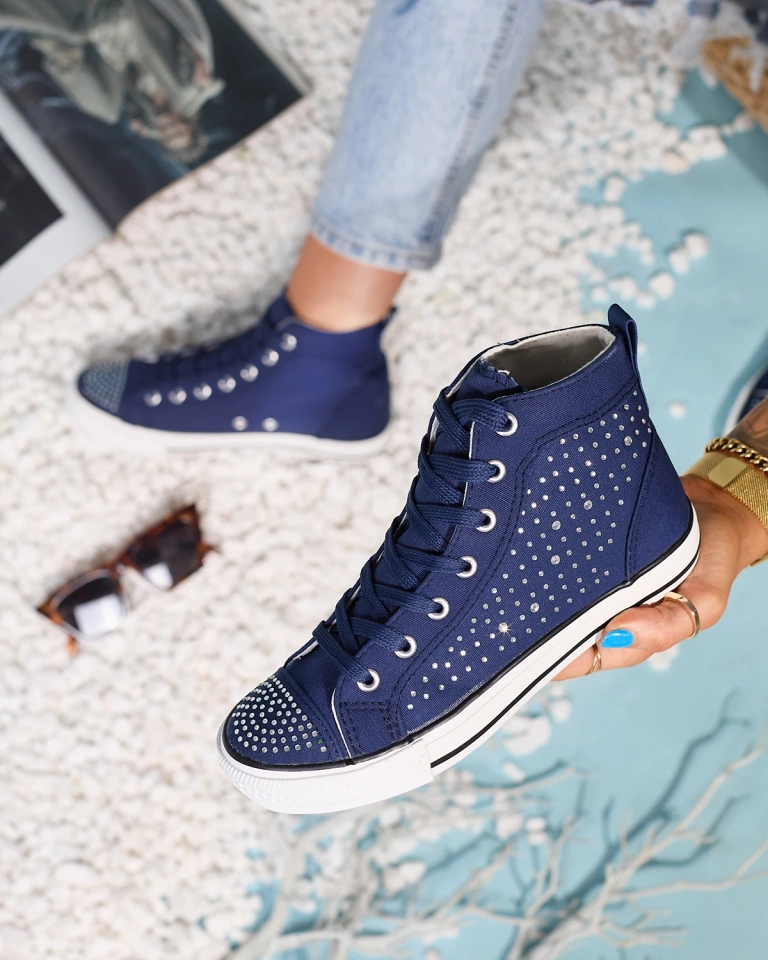 Royalfashion Granatowe wysokie trampki z cyrkoniami Totulu