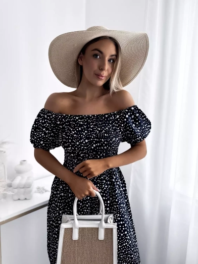 Royalfashion Granatowa sukienka damska maxi w groszki