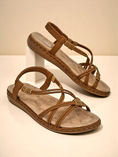 Ženski sandali Royalfashion Cressida camel ravno udobje eko usnje poletje
