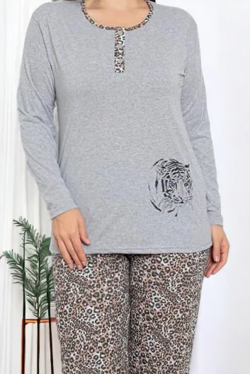 Royalfashion Sive ženske 2-delne pajamas z motivom leoparda VELIKOST PLUS