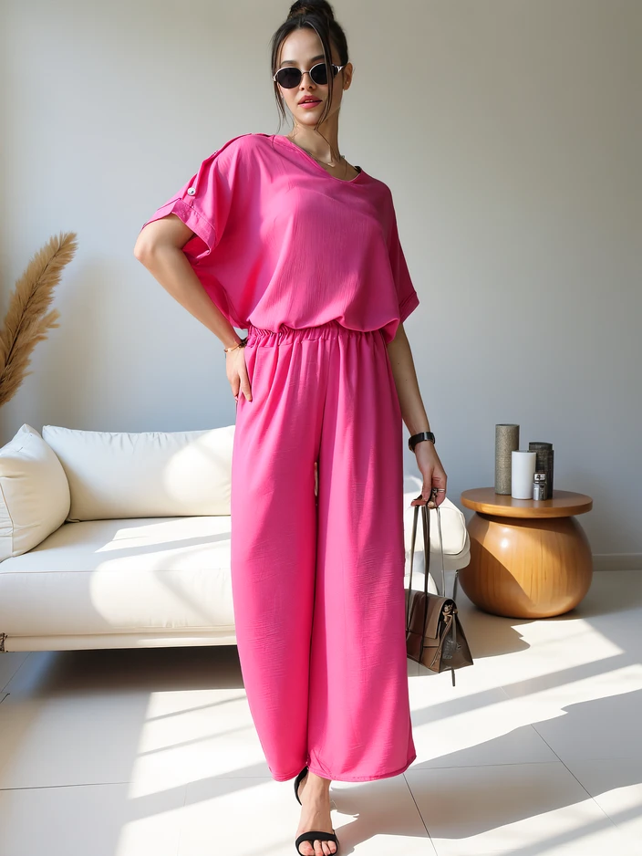 Royalfashion Ženski casual set s kratkimi rokavi in širokimi hlačami