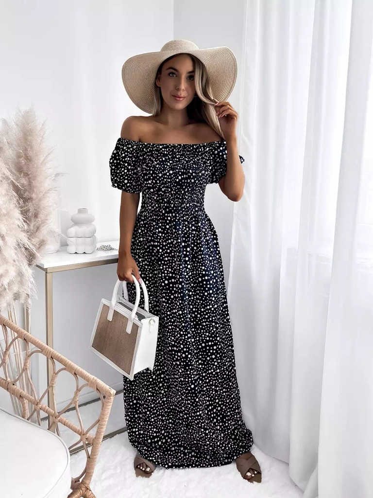 Royalfashion Granatowa sukienka damska maxi w groszki