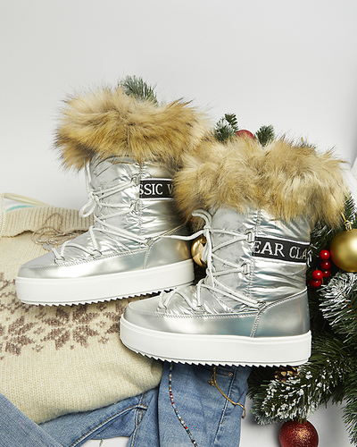 Royalfashion Srebrne damskie wsuwane buty a'la śniegowce z futerkiem Lilitsa