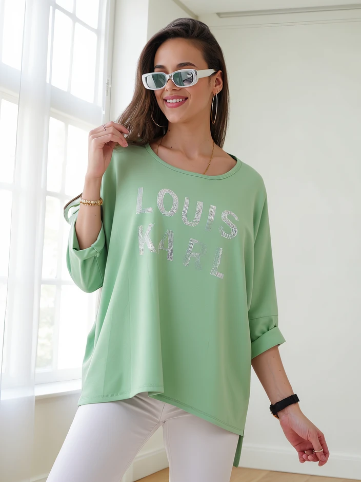 Royalfashion Ženska viskoza bluza z napisom iz rhinestones