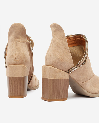 Royalfashion Jasnobrązowe damskie ocieplane botki na słupku Mukis