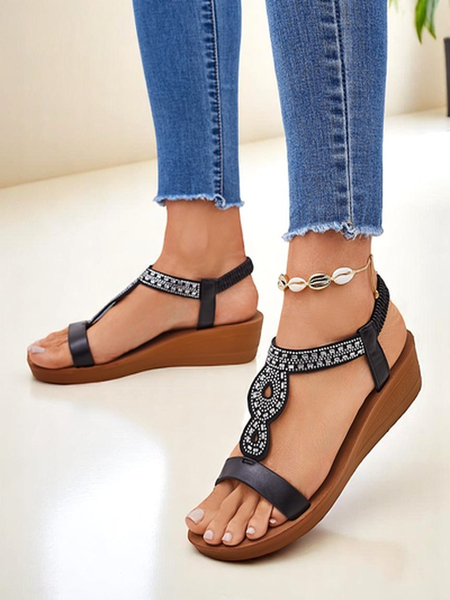 Sandali s polno peto Perseida Royalfashion črni iz eko-usnja s kristali 4,5 cm