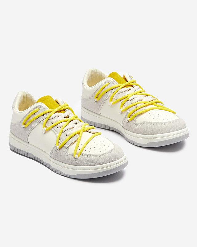 Royalfashion Biało - szare sportowe sneakersy damskie z żółtymi sznurówkami Olierinc