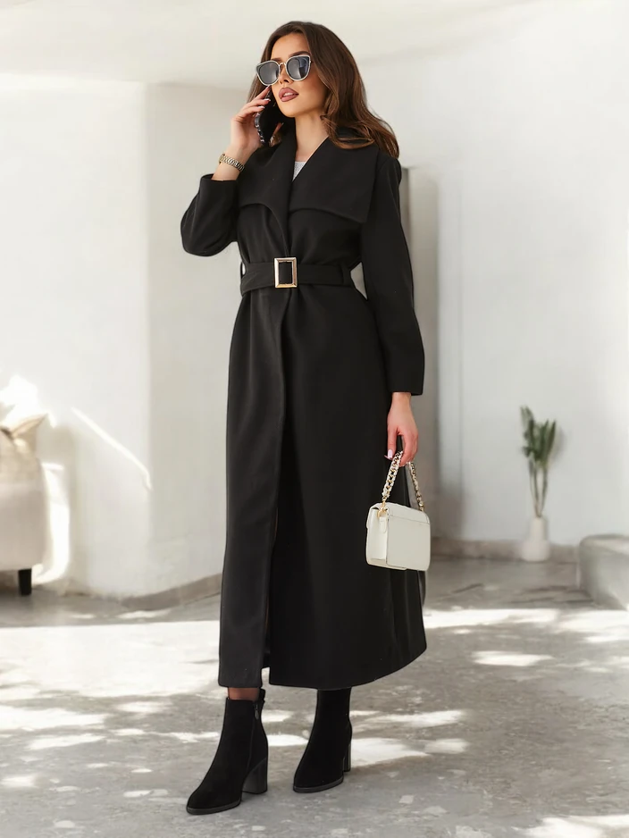 Royalfashion Ženski maksi plašč s pasom