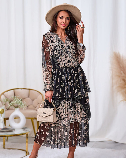 Royalfashion Črno-bela mrežasta midi obleka s potiskom